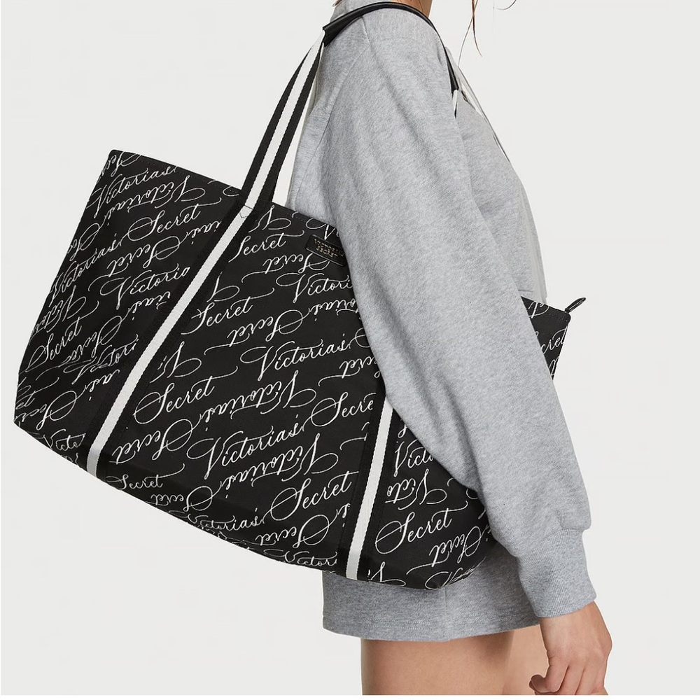 NWT VICTORIA'S SECRET Black Logo Weekender Tote Beach Gym Travel